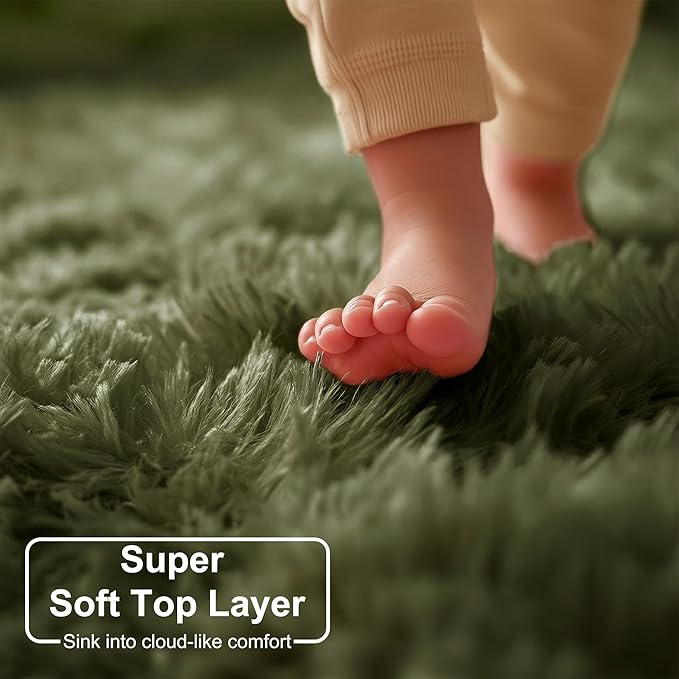 Amdrebio Olive Green Fluffy Area Rugs for Bedroom Living Room, 5x7 Shaggy Modern Cool Rugs for Girls Boys Kids Room Decor, Soft Plush Fuzzy Furry Carpet for Classroom Nursery Dorm Playroom Apartment