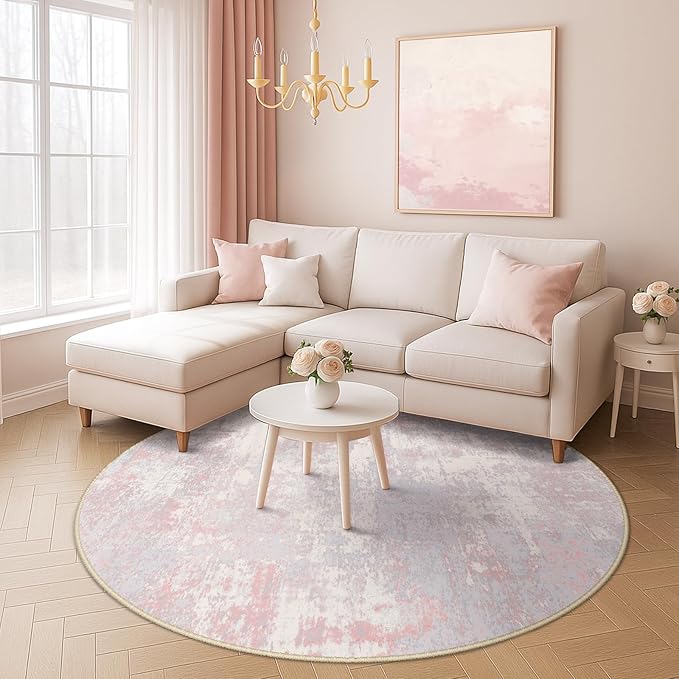 RELEANY Washable Area Rugs 8ft Non-Slip Modern Abstract Soft for Living Room Entryway Bedroom Nursery, Print Pattern, Grey Pink