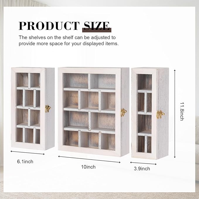DoubleFill Set of 3 Wooden Trinket Display Shelf Shadow Box with Shelves 10 x 15 Inch Large Wall Mounted Display Storage Mini Figures Curio Trinket Medals Crafts Collections(Antique White,Box Shape)