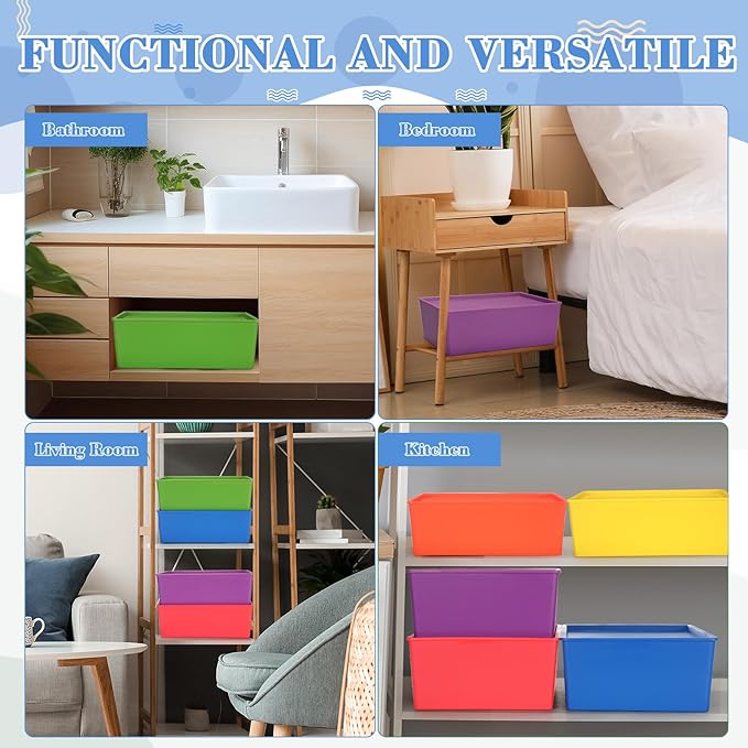 Menkxi 6 Pcs Large Plastic Storage Bins with Lids 14.4 x 10.4 x 5.1 Inch Stackable Storage Containers Decorative Cubby Organizer for Clothes Shelves Garage Closet Office (Colorful)