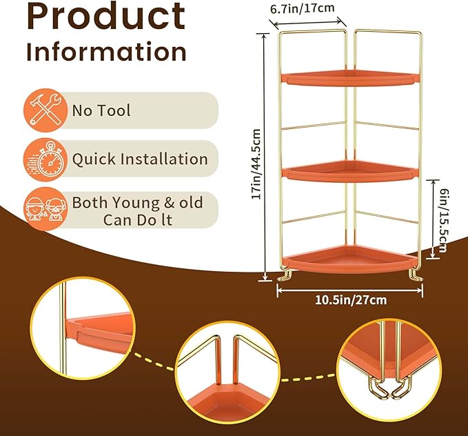 3-Tier Corner Bathroom Organizer Countertop for Storage，Counter Tray and Vanity Organizer，Plastic Counter Organizer for Kitchen, Bathroom, Dresser 10.6 inches (Gold Orange)