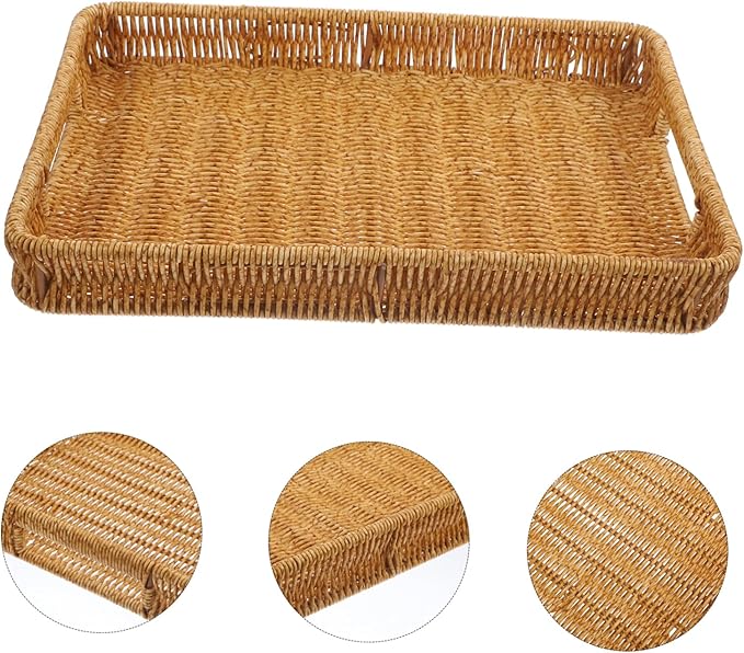Woven Rattan Storage Basket Tray for Coffee Table Makeup Organizer Rectangular Design Suitable for Bathroom and Living Room Decor
