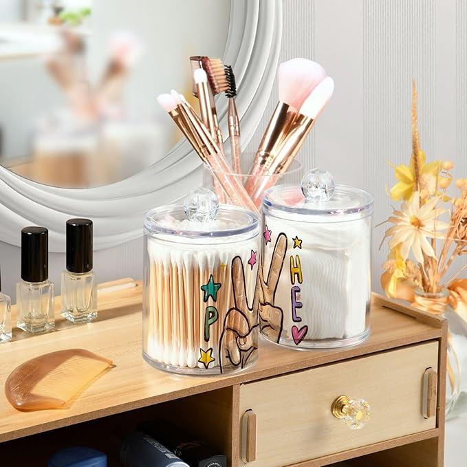 2 Pack Apothecary Jars Peace Love Yard Bathroom Vanity Storage Organizer Set,Small Clear Plastic Storage Jars Bathroom Canister for Cotton Swabs, Rounds, Balls, Qtips,Makeup Sponges, Flossers,B