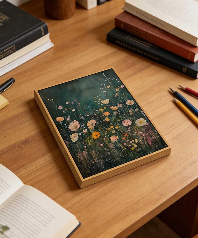 Framed Dark Moody Wildflower Wall Art Vintage Botanical Wildflower Field Floral Poster Print Nature Landscape Aesthetic Picture Wall Decor for Bedroom Living Room Home Decoration 12x16in