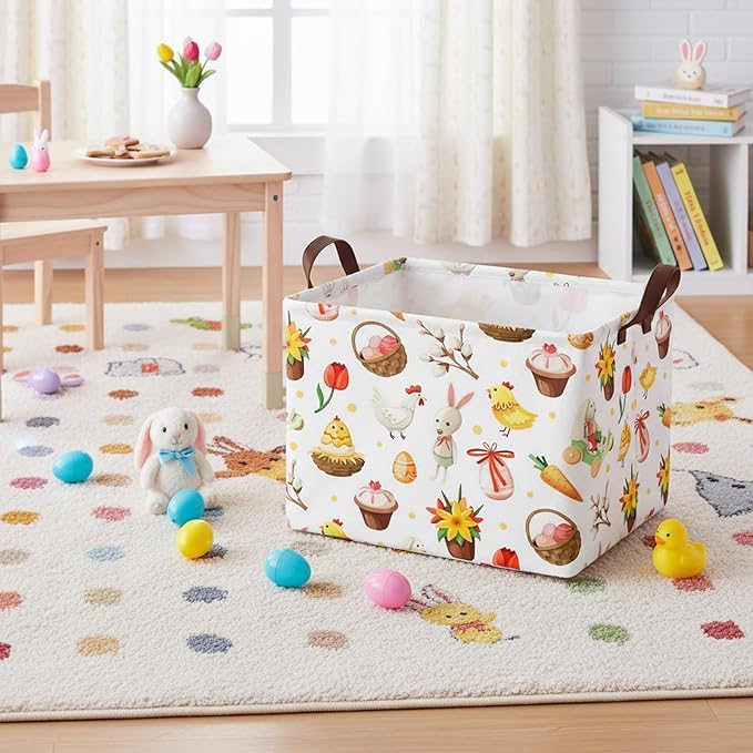 Large Rectangular Cute Kid Easter Basket Empty Bunny Eggs Easter Basket Gift Spring Room Storage Organizer Décor (E-14)