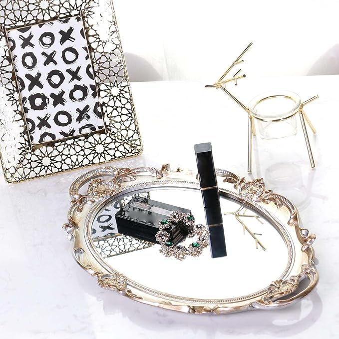 Zosenley Polyresin Ellipse Antique Decorative Mirror Tray, Makeup Organizer, Jewelry Organizer, Serving Tray, 9.8”x 14.6”, Golden Silver