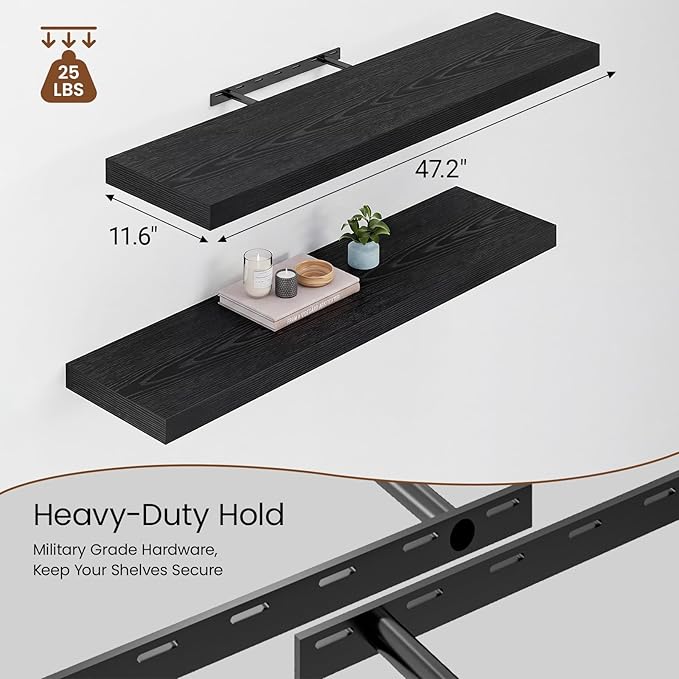 Heimlove 48W x 12D Long Floating Shelf, 12 Inch Deep Black Floating Shelves for Wall Set of 2, Wood Shelves for Bedroom Living Room Bathroom Kitchen Home Office, Wall Shelves with Heavy Duty Bracket