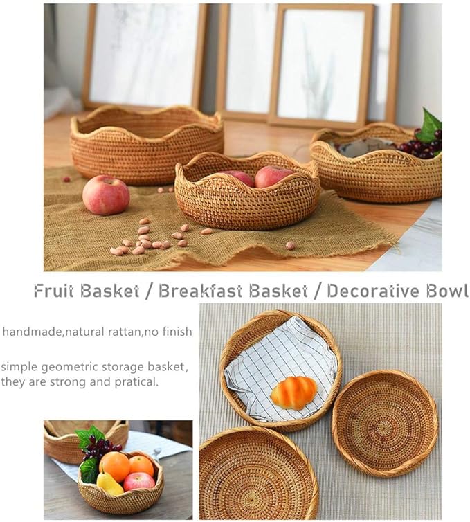 Handmade Rattan Round Fruit Basket Food Storage Organizer Snack Serving Tray Basket with 3' Deep Wall, Boho Decor Display Tray Bowl (3-Size Kit)