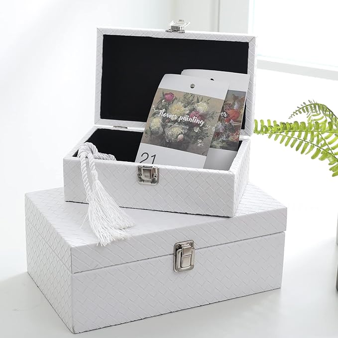 DECOR4SEASON Faux Leather Decorative Jewelry Storage Organizer Boxes Set of 2, White
