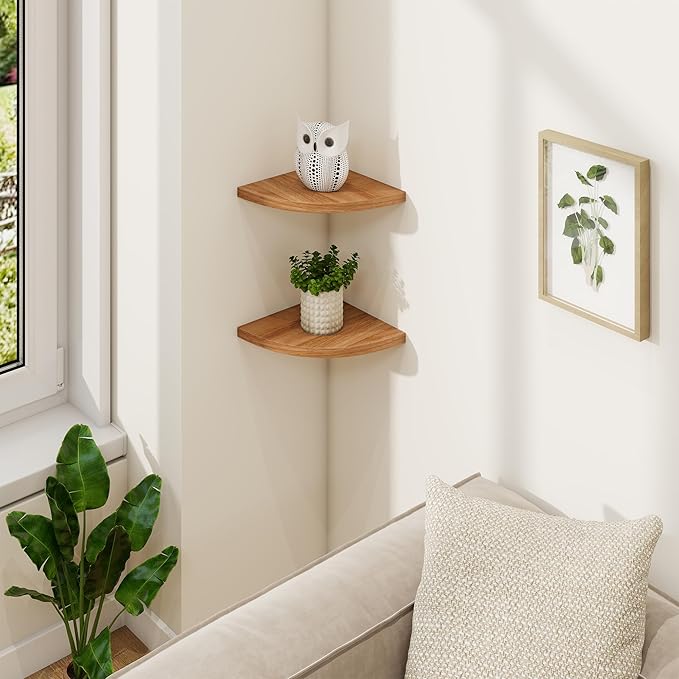 Fun Memories Corner Shelf Wall Mount Set of 2 - Solid Oak Wood Floating Corner Shelf with Cable Hole, 7in Rustic Design for Bedroom, Living Room, Kitchen (Natural)