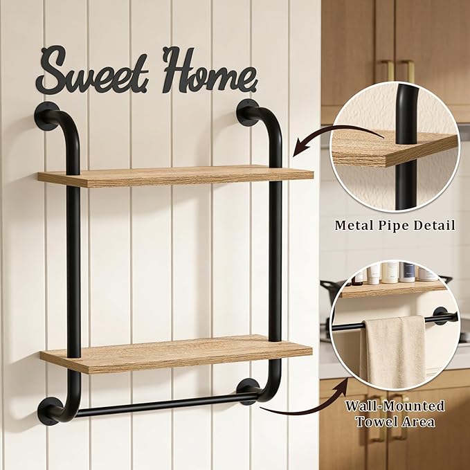 Tinpin Bathroom Shelves Wall Mounted, Rustic Farmhouse Pipe Shelves, 2-Tier, Industrial Shelving Over Toilet, Floating Shelf Decor for Bathroom, Kitchen, Bedroom, Living Room 17.3 inch