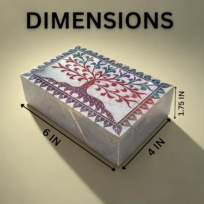 Hand Carved Marble Soapstone Square Shape Jewellery Box | Storage Organizer | Decorative Trinket Ornament Holder. (Multicolor, Length 6 Inch x Width 4 Inch x Height 1.75 Inch)