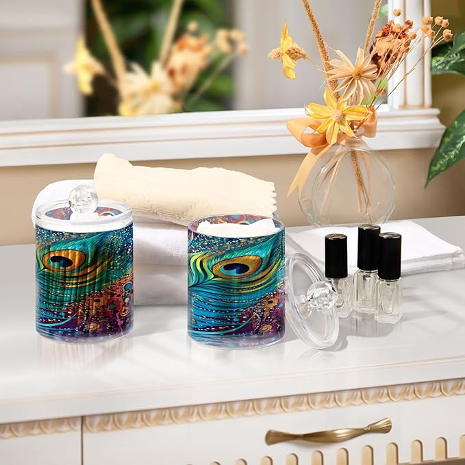 2 Pack Qtip Holder Dispenser for Cotton Ball Peacock Feathers Rainbow Feathers Blue Swab Round Pads Clear Plastic Acrylic Jar Set Bathroom Canister
