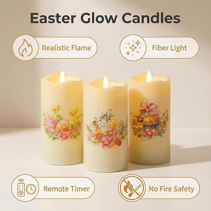 Eywamage Fiber Optic Spring Flameless Candles with Remote, Flickering Easter LED Pillar Candles Battery Operated Set of 3