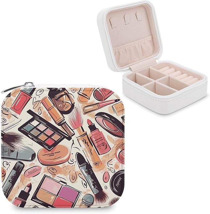 Cosmetic And Makeup Theme Pattern Jewelry Box Portable Mini Travel Case Display Storage Holder Boxes PU Leather Small Jewelry Organizer for Women for Stud Earrings Rings Necklaces Bracelets