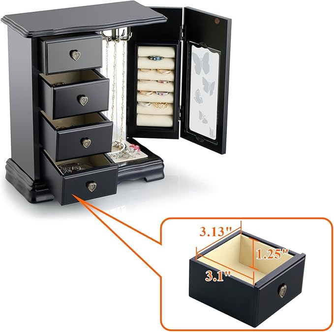 RR ROUND RICH DESIGN Solid Wooden Jewelry Box Makeup and Organizer Women Ring Storage with 4-Drawers Built-in Necklace Carousel and Mirror Black