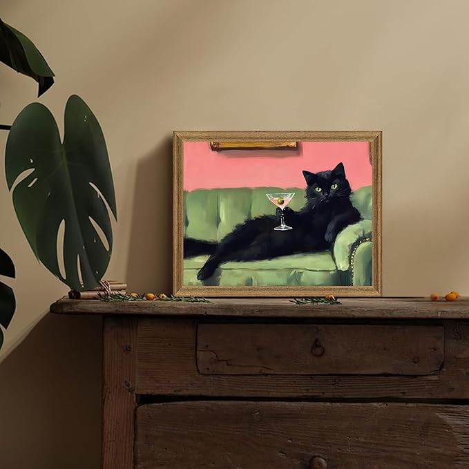 Fantasy Artists Humorous Black Cat Character Wall Art – Relaxed Anthropomorphic Illustration with Playful Attitude, Framed Canvas for Living Room, Office or Creative Space, 8W X 10H