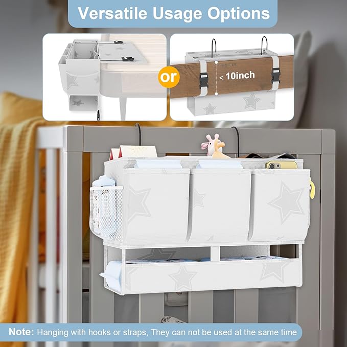 homyfort Bedside Caddy Organizer, Dual-Purpose Bedside Storage with Power Strip Holder, Versatile Bed Caddy with 11 Pockets for Bunk Bed, College Dorm, Home, Hospital, Fits Phones, Books, White