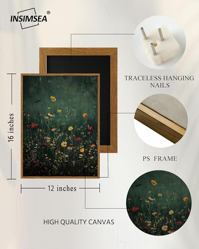 InSimSea Framed Canvas Prints Art Vintage Decor, Wildflower Field Antique Painting, Rustic Floral Botanical Wall Art for Living Room Bedroom Home Bathroom Wall Decor, 12x16inch