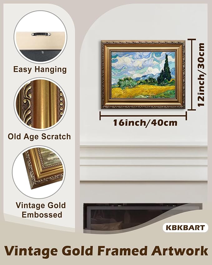 KBKBART Gold Framed Van Gogh Wall Art, Vintage Abstract Wheat Field with Cypress Canvas Impressionist Oil Painting, Farmhouse Country Landscape Wall Decor, Van Gogh Famous Artist Poster for Room Aesthetic, Vintage Art Prints for Bedroom Living Room, Ga...