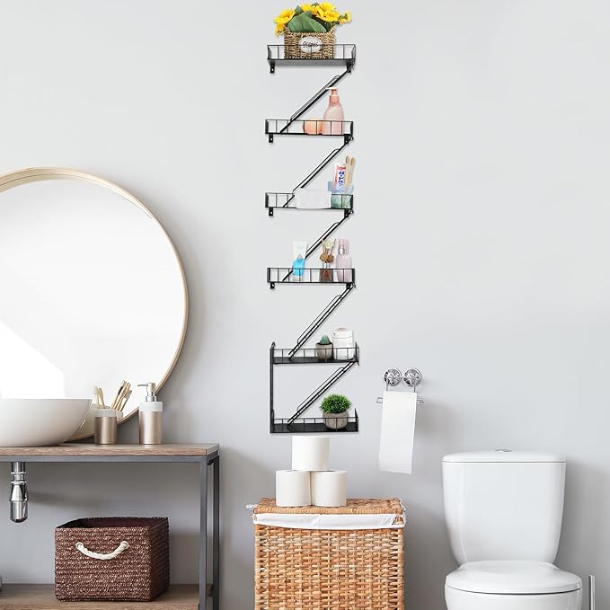 Zonon Fire Escape Wall Shelf Hanging Metal Ladder Shelves Wall Decor Cool Bookshelf Organizer Floating Shelves Action Figure Shelf for Home Bedroom Storage Display(Black,6 Tier)