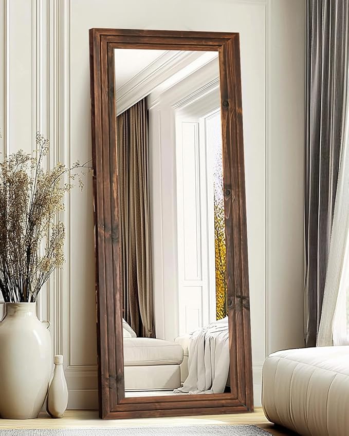Full Length Mirror 65"x24" Solid Wood Frame Floor Large Mirror for Living Room, Bedroom Hanging or Leaning Wall-Mounted, Brown