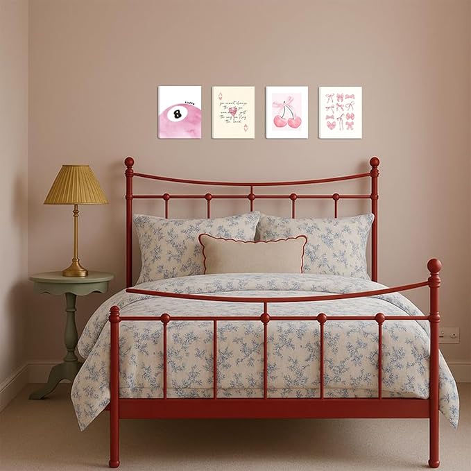 SEHSUVC Pink Coquette Y2K Lucky Wall Art Set of 4, Preppy Aesthetic Canvas Prints, Cherry Bows 8 Ball Ace Card Wall Decor for Girls Bedroom, Dorm, Vanity, for Home Decor 8x10in Framed