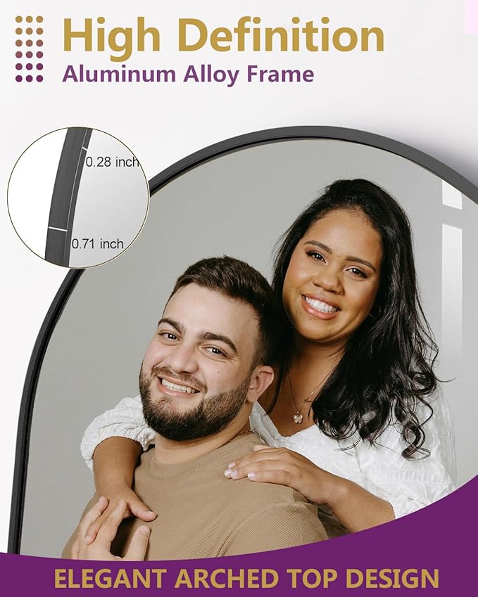 DMWOODFL 81"x41" Black Arched Full Length Mirror - Extra Large Floor/Wall Mounted, Shatterproof Glass & Aluminum Frame with Stand for Bedroom, Living Room, Entryway