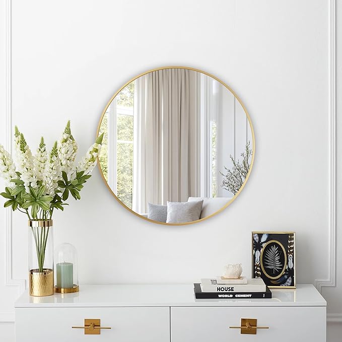 Round Mirror, Wall Mounted Circle Mirror with Brushed Metal Frame, Circular Mirrors for for Bathroom, Living Room, Vanity, Bedroom, Entryway, 20inch, Gold