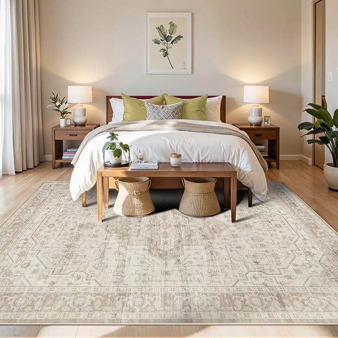 Rugxara 5X7 Washable Area Rug for Living Room, Vintage Neutral Large Boho Rugs for Office, Dining Room, Kids Room, Farmhouse, Durable Low Pile Non Slip Carpet for High Traffic Areas, Light, Cream