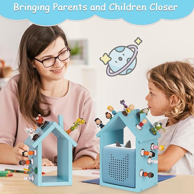 for Tonies Shelf Magnetic - for Tonies Figure Organizer Kids Room, Wooden Display Shelf for Tonies Box Holder, Wall Floating Shelves Toy Storage, House Shape Set of 2 with 38Pcs Adhesive Metal (Blue)