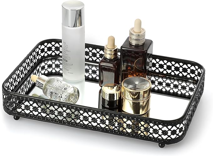 ELLDOO Black Perfume & Makeup Vanity Tray - Hollow-Carved Jewelry Storage, Glass & Metal Trinket Organizer for Dresser & Bathroom Countertop, Medium Size