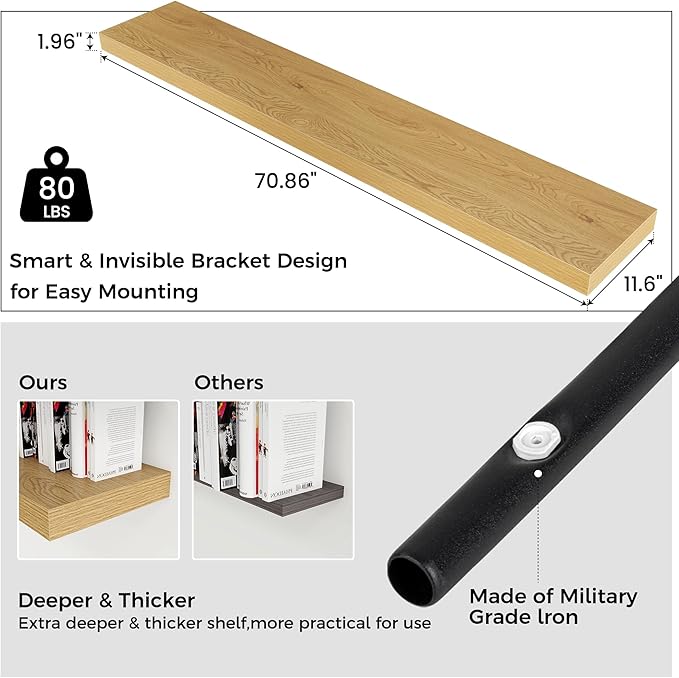Venusmiles Floating Shelf for Wall 71 inch Long, Engineered Wood Large Wall Shelves with Invisible Brackets for Living Room Bedroom Bathroom Office Kitchen Decor and Storage, Oak Finish, Set of 1