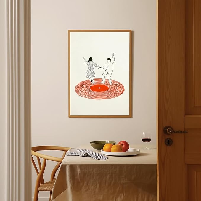 Retro Record Player Poster Vintage Vinyl Records Poster Retro Wall Art Music Dancing Couple Wall Art Print Modern Music Inspired Illustration for Home Bar or Living Room Bedroom,16x14inch Unframed