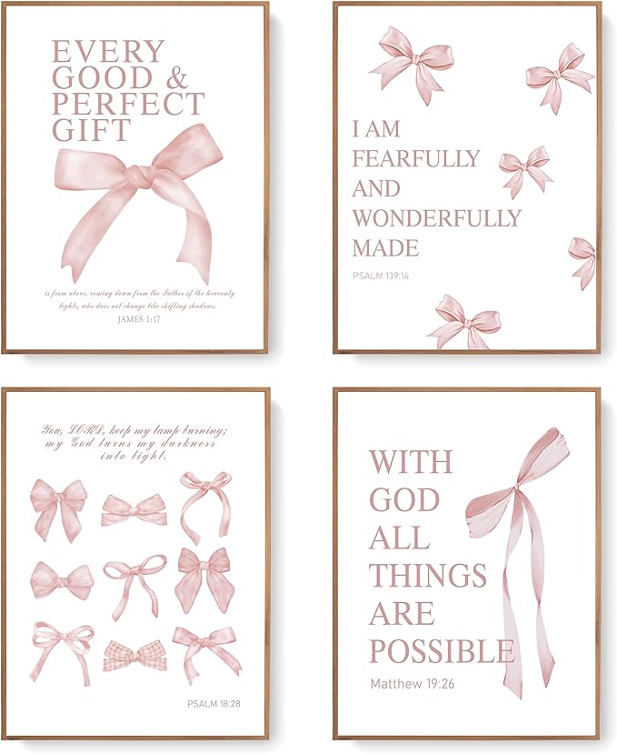 LARTSFRO Coquette Pink Bow Wall Art Decor Posters, Blush Pink Bow Room Bedroom Bathroom Dorm Wall Art Decor Aesthetic for College Teen Girls Gifts, Inspirational Bible Verses Bow Wall Decor, 12x16 Inch Set of 4 Pcs Bow Pictures (UNFRAMED)