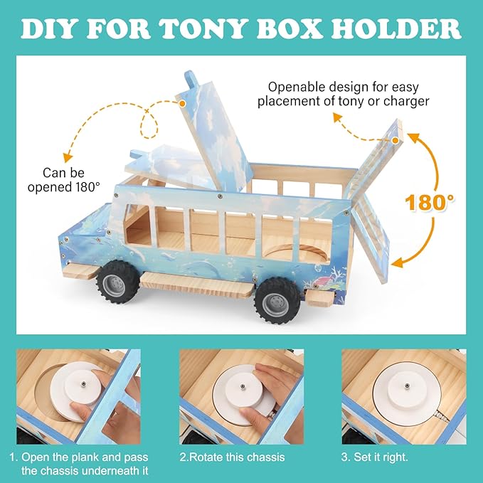 Ocean Theme Car for Tonies Box Shelf Storage for Toniebox 1/2 Player Tonies Figures Characters for Children with 35Pcs DIY Adhesive Metal Plate & 3 Ocean Animal Stickers, Rolling Display & Storage