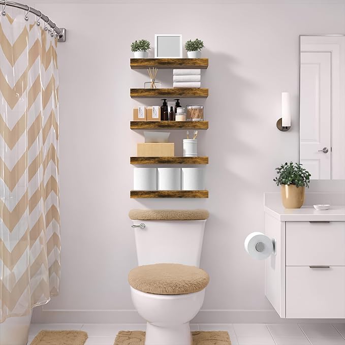 Sorbus Floating Shelves for Wall – 16 Inch Floating Shelf for Kitchen, Bedroom, Living Room, Bathroom, Home & Wall Decor - Mounted Bathroom Shelves with Invisible Brackets (Rustic Brown, 4 Pack)