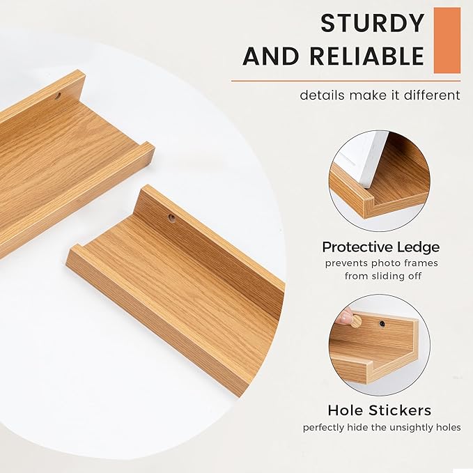 FLYJOE Picture Ledge Shelf, Floating Shelves Set of 2, 24 Inches Nursery Book Shelves for Toys Storage, Kids Bookshelf Wall Mounted for Living Room Bedroom Decor Books Photo Frames, Natural Oak