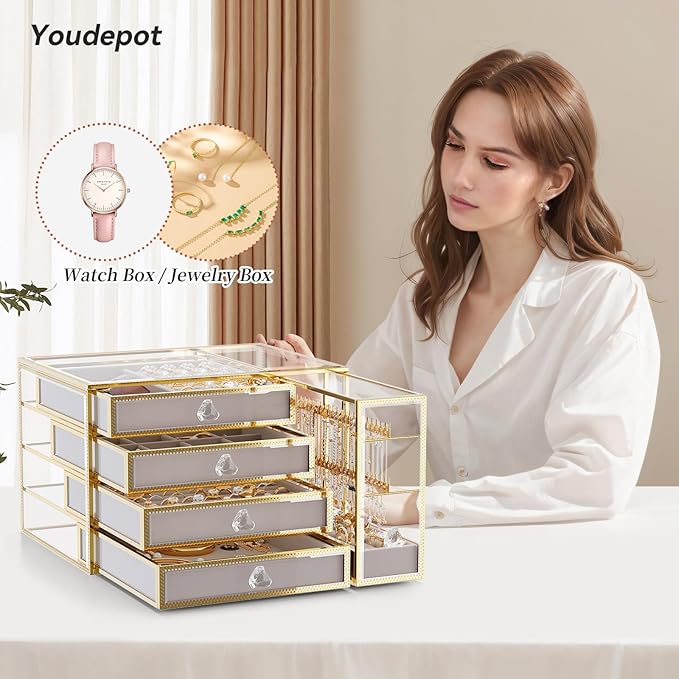 Youdepot Tempered Glass Makeup Organizer Countertop 5-Drawer Jewelry Box - Large Velvet-Lined - Multi-Functional jewelry organizer,Skincare Storage for Vanity and Bathroom Countertop