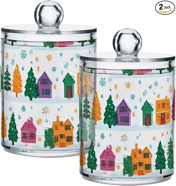 2 Pack Apothecary Jars Christmas Village Trees Pattern Bathroom Vanity Storage Organizer Set,Small Clear Plastic Storage Jars Bathroom Canister for Cotton Swabs, Rounds, Balls, Qtips,Makeup Spo