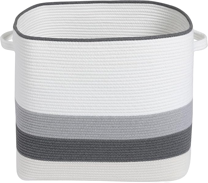 22"x14"x18" Rectangular Extra Large Storage Basket With Lid, Large Cotton Rope Storage Basket, Woven Laundry Hamper, Cloth Storage Bin, for Clothes Towels Blankets in Living Room, Double Graded Grey