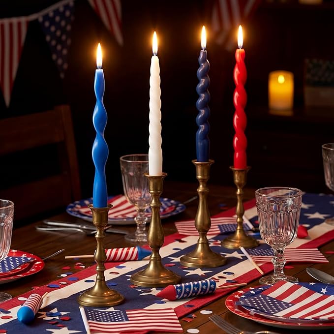 Nuanchu 4 Pcs Twisted Taper Candles Wax Unscented Smokeless Spiral Swirl Candlesticks for Wedding Holiday Dinner Party Home Decorations(7.87 Inch,Pure,Red White Blue)