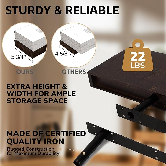 BAMEOS Solid Bamboo Floating Shelves, Set of 2 with Invisible Brackets, Natural Wood Grain Decor for Living Room, Bedroom, Kitchen, Bathroom & Office Storage