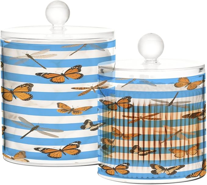 Blue White Striped Butterfly Dragonfly Clear Plastic Makeup Organizer Storage with lid Pantry Essentials Decorative Dental floss storage jar for Cotton Swabs,Cotton Pads,Floss Picks,Paper