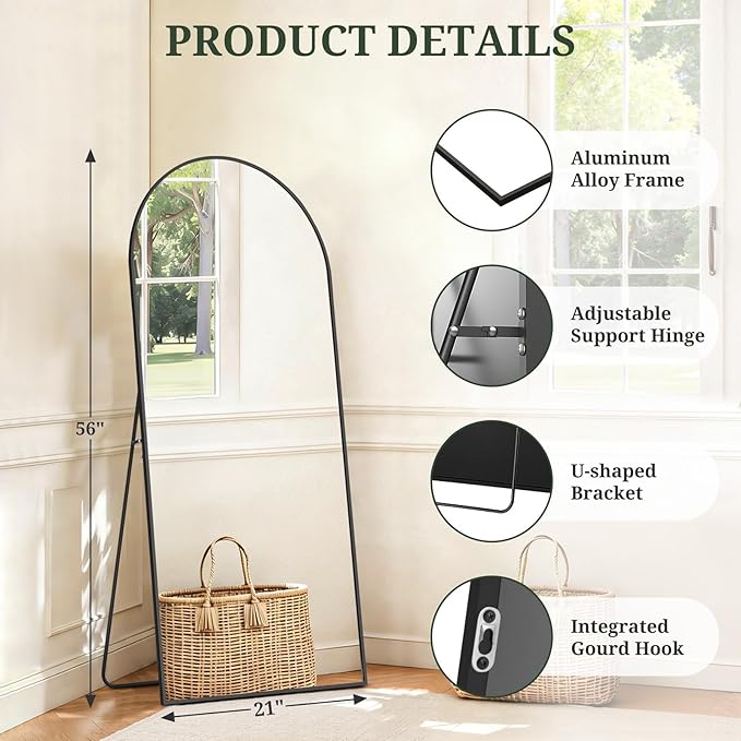 Mirror Full Length 56"x21" Full Body Floor Mirror with Stand, Shatterproof Glass, Aluminum Alloy Frame, Free Standing Wall Mounted or Leaning Arched Mirrors for Bedroom Living Room Entryway