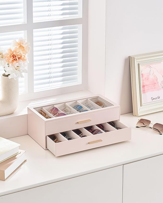 Lolalet Sunglasses Storage Box for Women, Eyewear Eye Glass Organizer with Clear Top Display Holder Case, Mothers Day Gifts