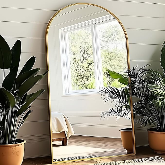 KOMCOTE 77x38 Inch Extra Large Arched Floor Mirror - Giant Gold Freestanding Mirror for Bedroom, Living Room, Dressing Room - Oversized Elegant Leaner Full Length Mirror for Home Decor