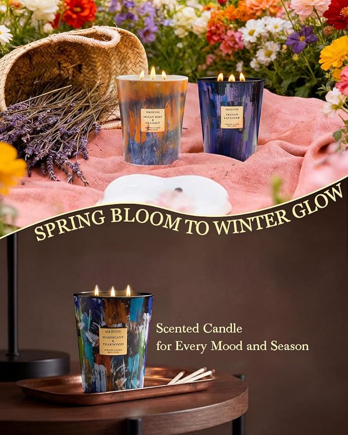 M&SENSE Large 3-Wick Ocean Scented Soy Candle, 35oz 150 Hours Non-Toxic, Fresh Spring Spa Home Fragrance, Decorative Relaxing Candle for Home Decor