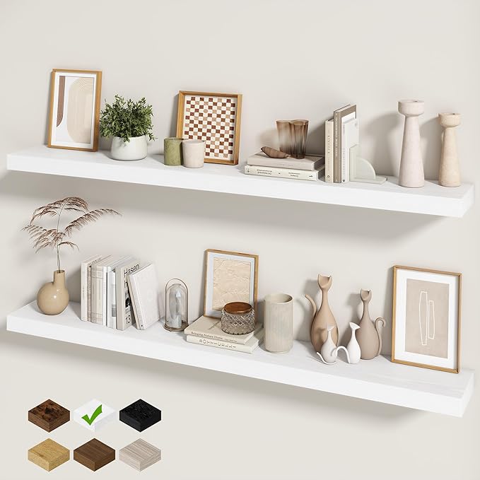 Fun Memories 60 Inch Fireplace Mantel - Long Floating Shelf, Wall Mounted Farmhouse Display with Invisible Heavy Duty Metal Bracket, White, 2 Pack