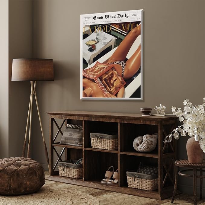 Trendy Newspaper Posters Vintage Good Vibes Daily Wall Art 60s La Dolce Vita Poster Beach Vibe Funky Aesthetic Retro Trippy Art Canvas Prints for Cool Girl Room Home Dorm Decor 12x16inch Framed